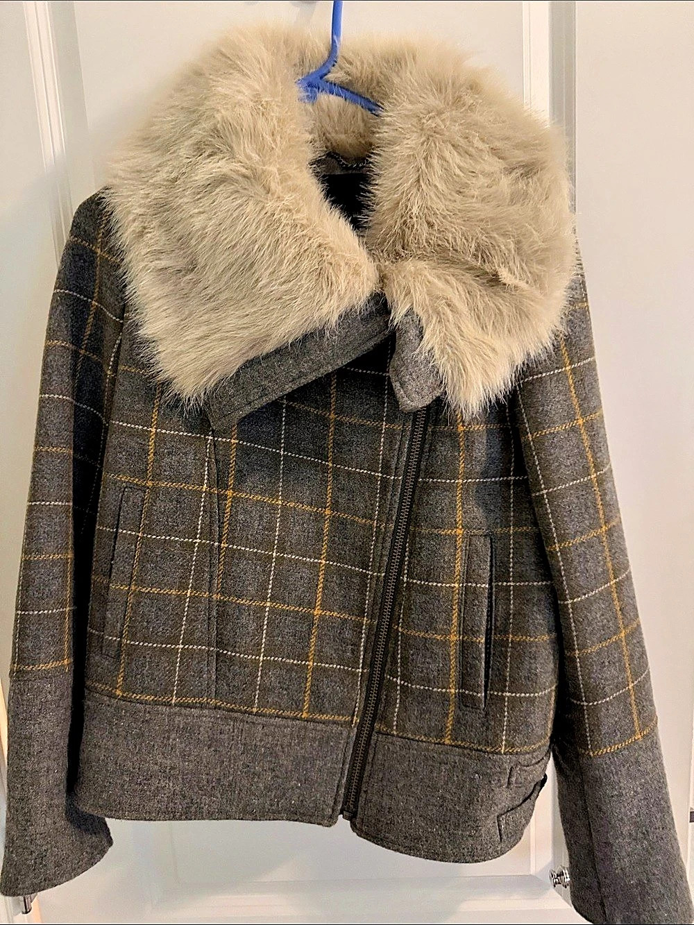 Banana Republic Plaid Wool Moto Jacket Faux Fur Collar S 85